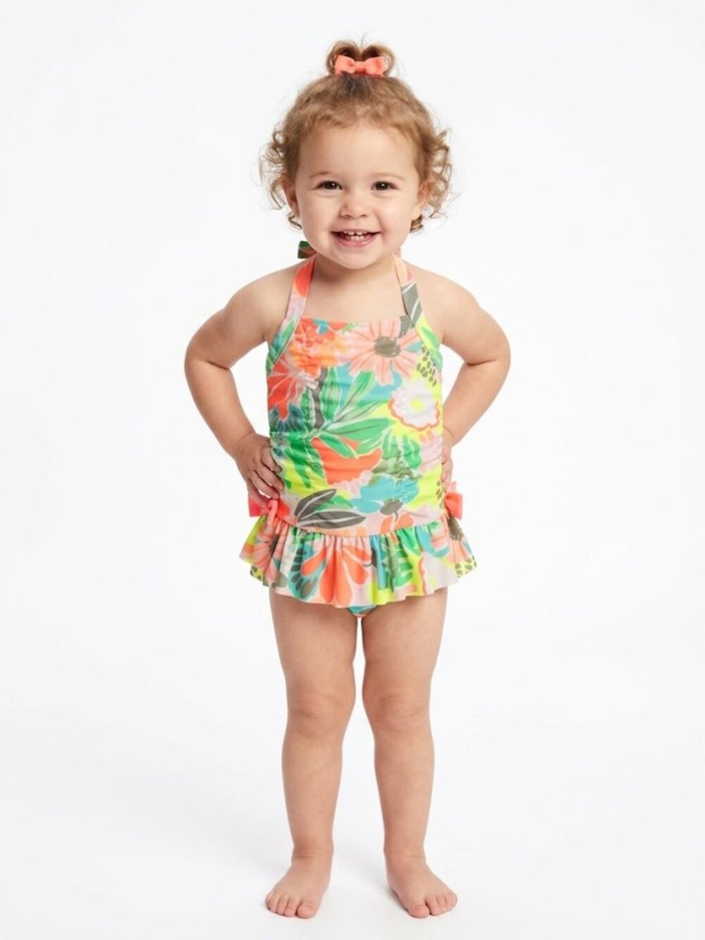Cat & Jack Girls Swimsuit Neon Floral Skirted Halter 4T